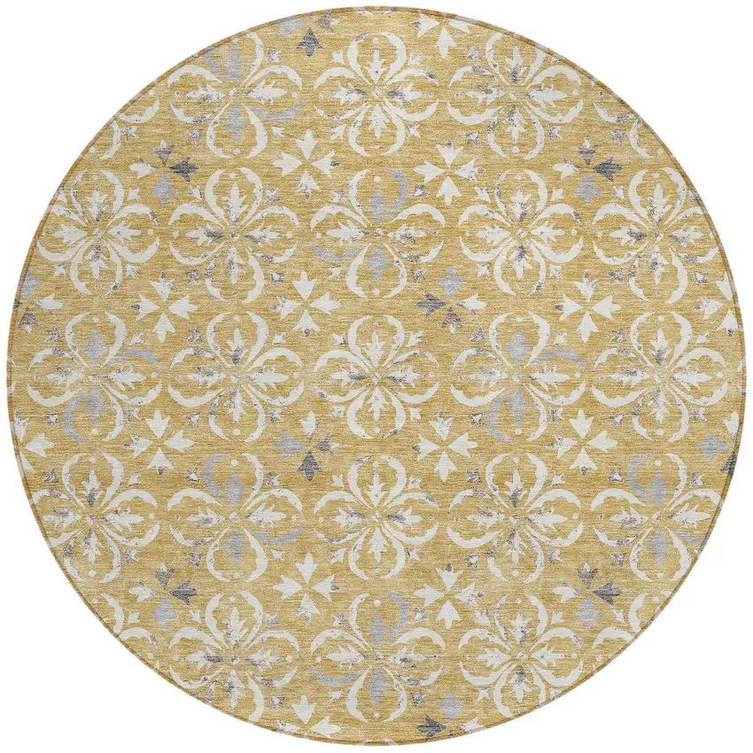 8' Gold Gray And Beige Round Floral Washable Indoor Outdoor Area Rug Photo 6