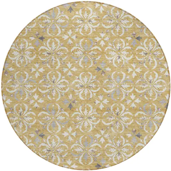 8' Gold Gray And Beige Round Floral Washable Indoor Outdoor Area Rug Photo 2