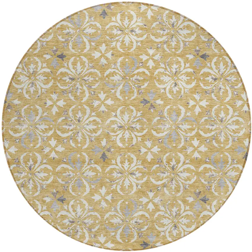 8' Gold Gray And Beige Round Floral Washable Indoor Outdoor Area Rug Photo 2