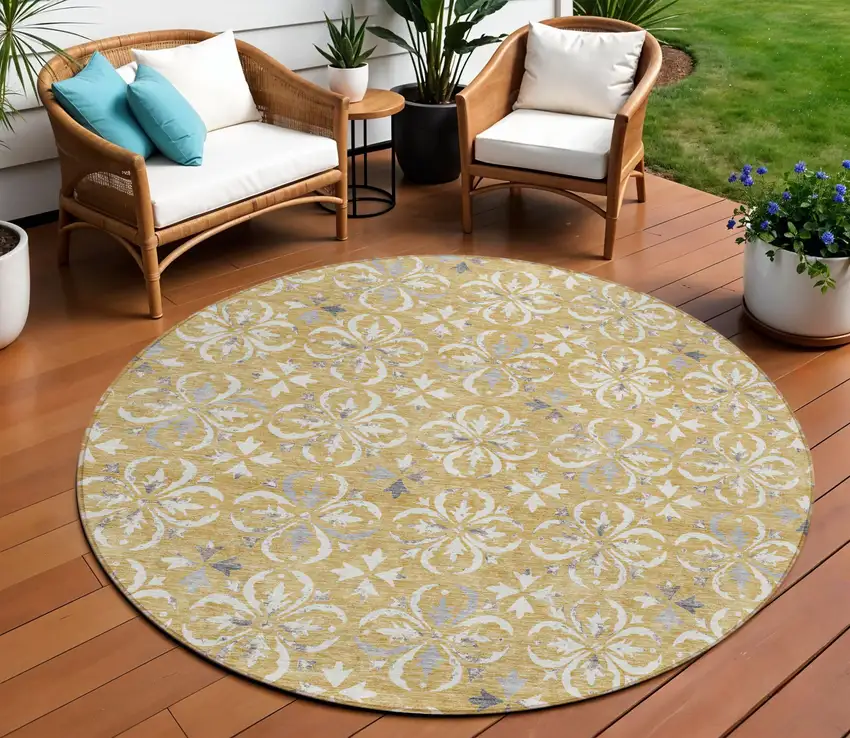 8' Gold Gray And Beige Round Floral Washable Indoor Outdoor Area Rug Photo 1