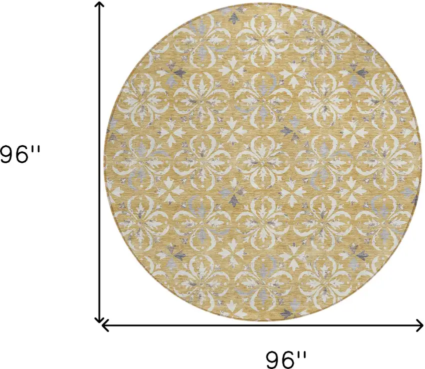 8' Gold Gray And Beige Round Floral Washable Indoor Outdoor Area Rug Photo 3