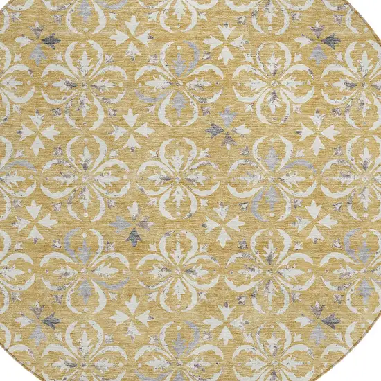8' Gold Gray And Beige Round Floral Washable Indoor Outdoor Area Rug Photo 5