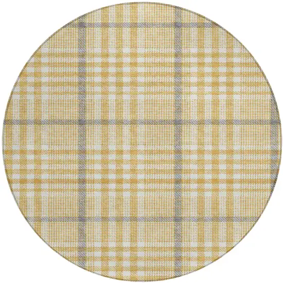 8' Gold Gray And Beige Round Plaid Washable Indoor Outdoor Area Rug Photo 2