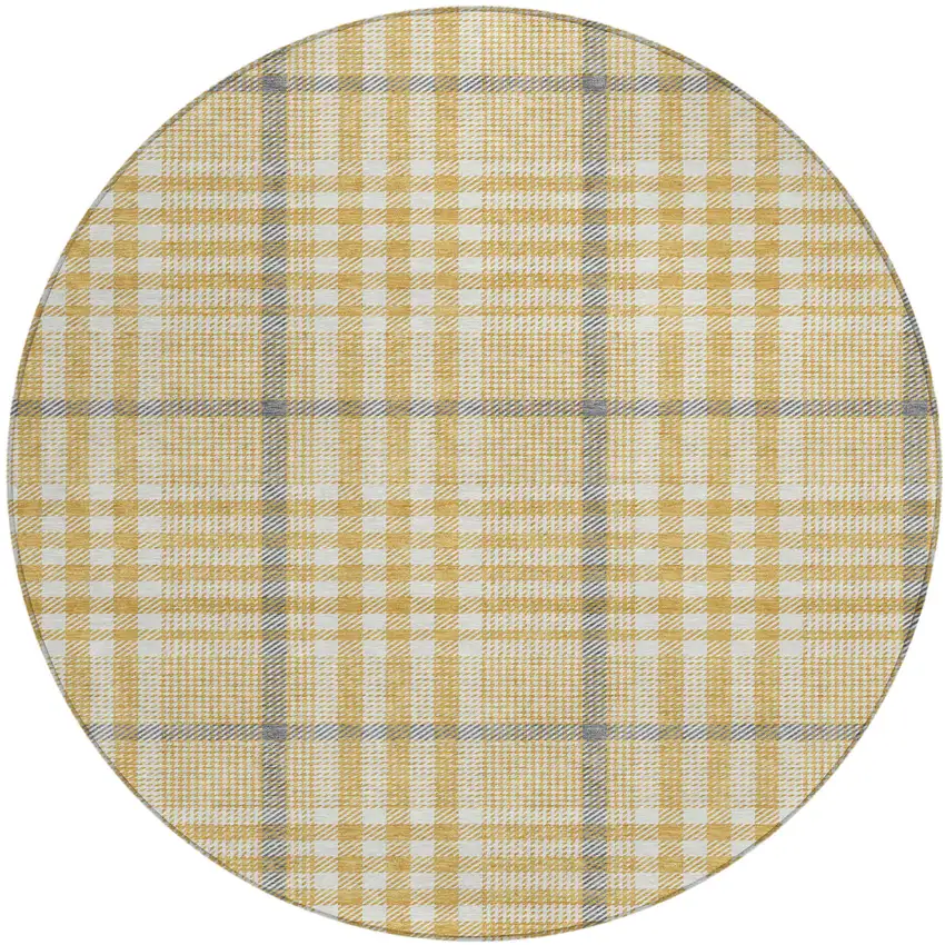 8' Gold Gray And Beige Round Plaid Washable Indoor Outdoor Area Rug Photo 2