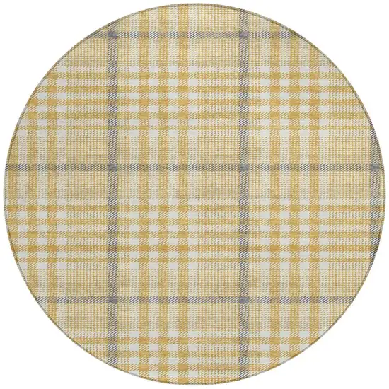 8' Gold Gray And Beige Round Plaid Washable Indoor Outdoor Area Rug Photo 6