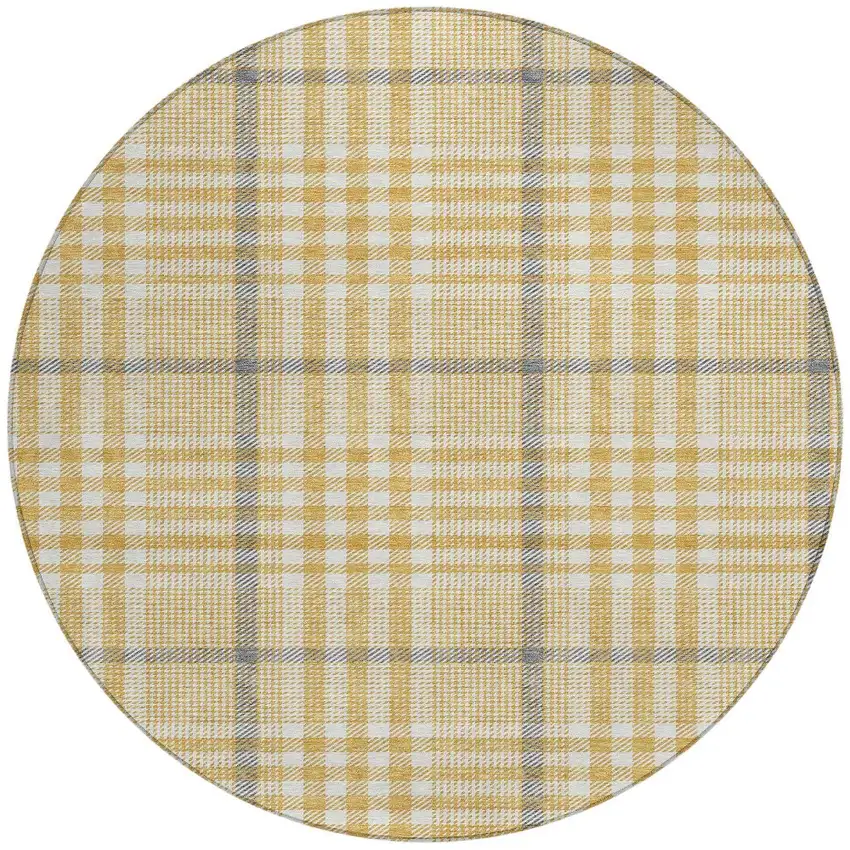 8' Gold Gray And Beige Round Plaid Washable Indoor Outdoor Area Rug Photo 6