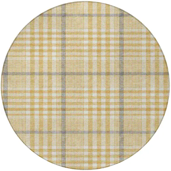 8' Gold Gray And Beige Round Plaid Washable Indoor Outdoor Area Rug Photo 7