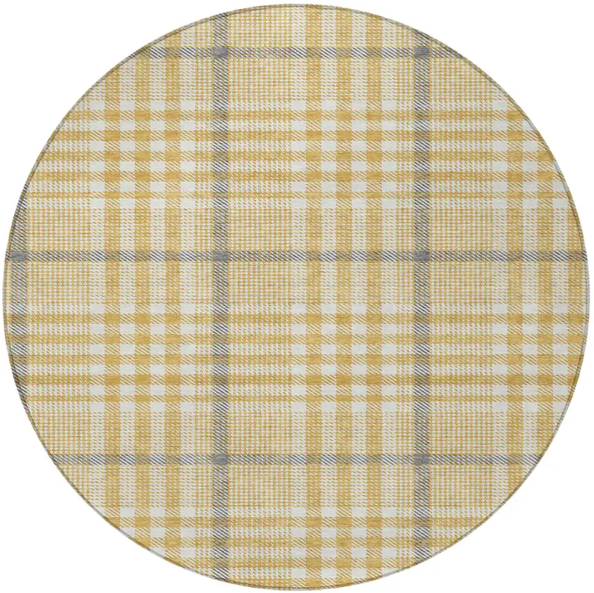 8' Gold Gray And Beige Round Plaid Washable Indoor Outdoor Area Rug Photo 7