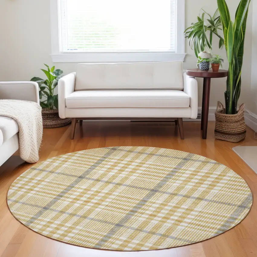 8' Gold Gray And Beige Round Plaid Washable Indoor Outdoor Area Rug Photo 9