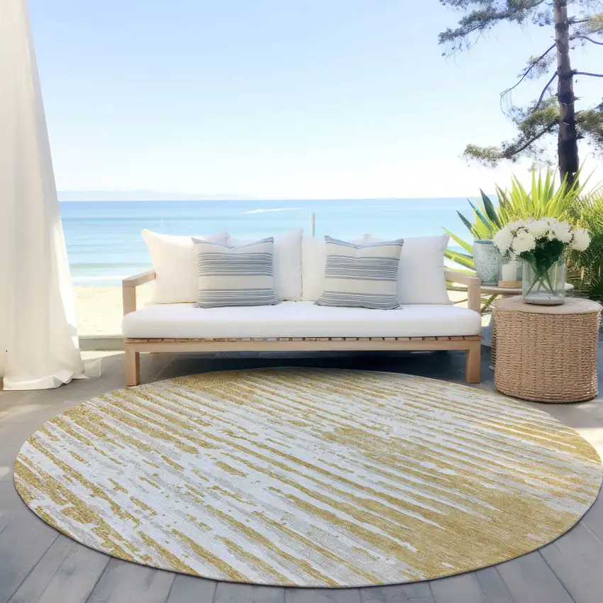 8' Gold Gray And Beige Round Striped Washable Indoor Outdoor Area Rug Photo 6