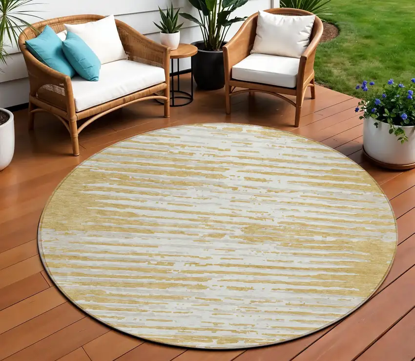 8' Gold Gray And Beige Round Striped Washable Indoor Outdoor Area Rug Photo 1