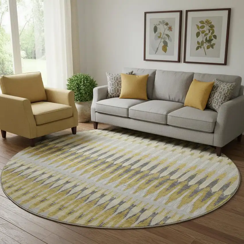 8' Gold Gray And Beige Southwestern Washable Round Rug With UV Protection Photo 1