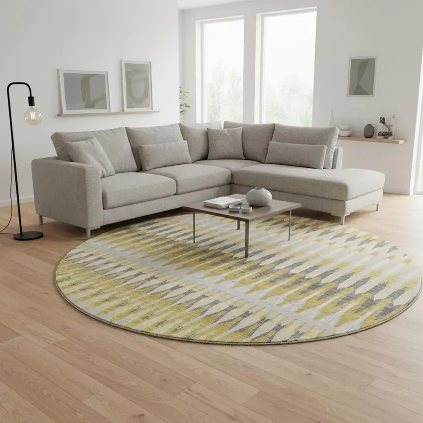 8' Gold Gray And Beige Southwestern Washable Round Rug With UV Protection Photo 2