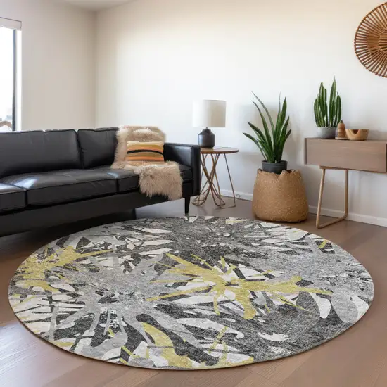 8' Gold Gray And Charcoal Abstract Washable Round Rug With UV Protection Photo 4