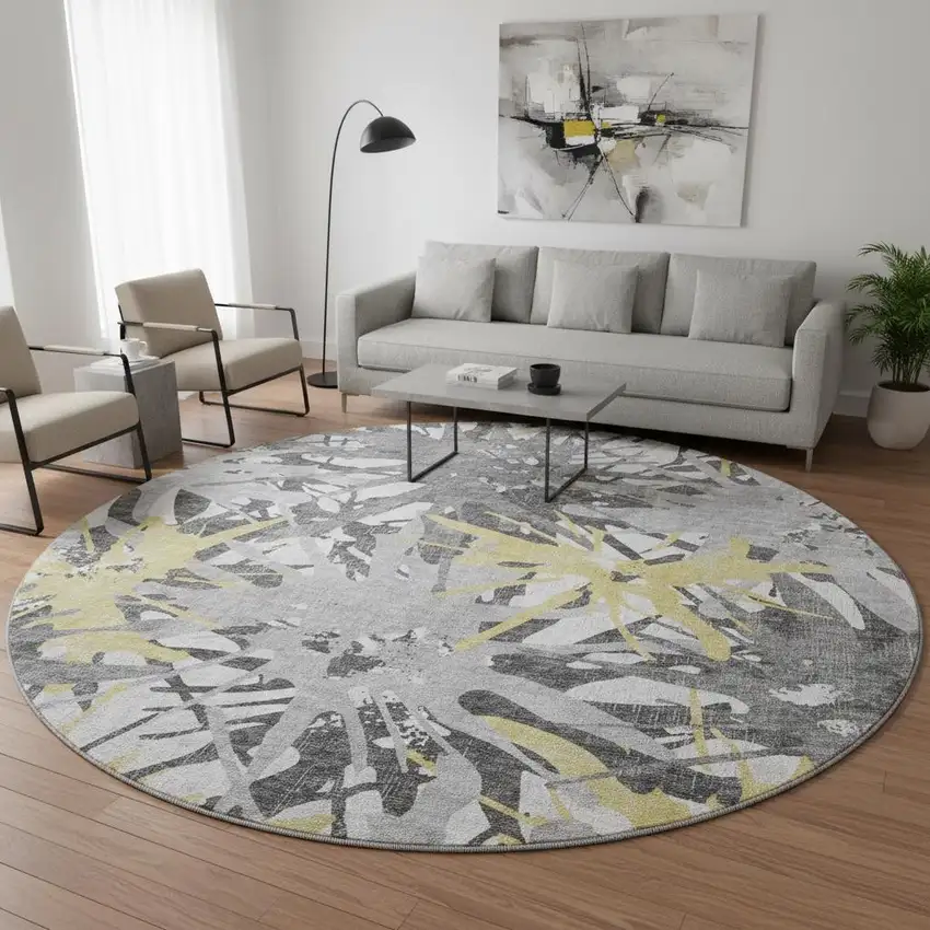 8' Gold Gray And Charcoal Abstract Washable Round Rug With UV Protection Photo 1