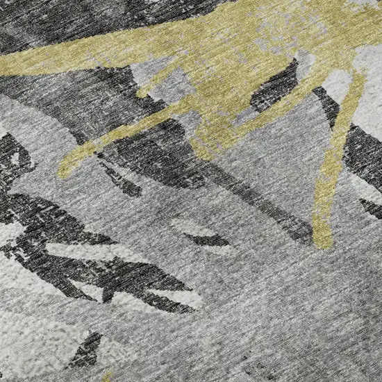 8' Gold Gray And Charcoal Abstract Washable Round Rug With UV Protection Photo 8