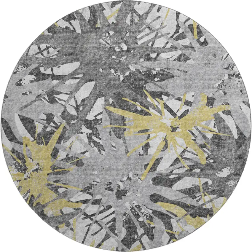 8' Gold Gray And Charcoal Abstract Washable Round Rug With UV Protection Photo 2