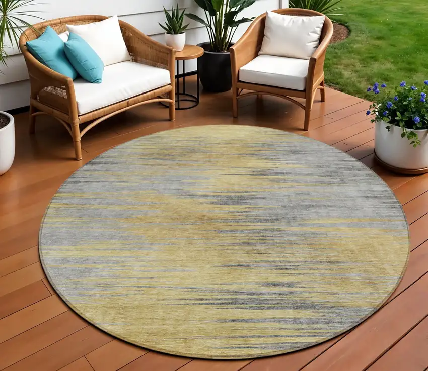 8' Gold Gray And Charcoal Round Abstract Washable Indoor Outdoor Area Rug Photo 1