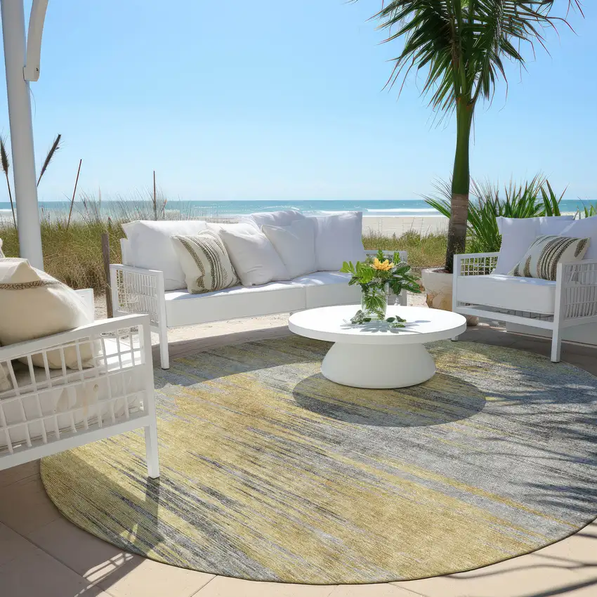 8' Gold Gray And Charcoal Round Abstract Washable Indoor Outdoor Area Rug Photo 6