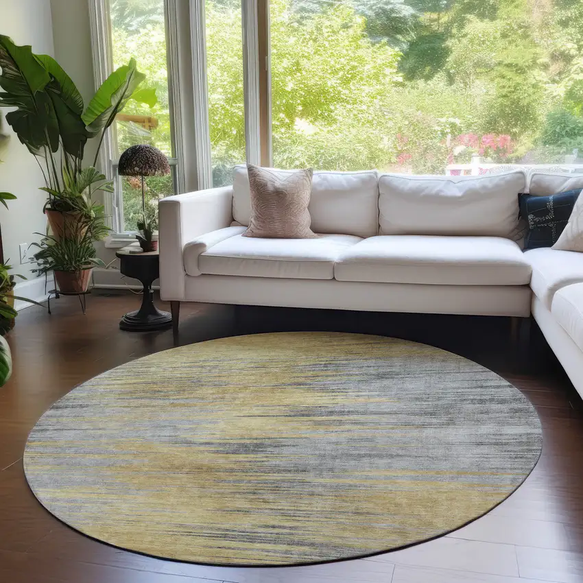 8' Gold Gray And Charcoal Round Abstract Washable Indoor Outdoor Area Rug Photo 7