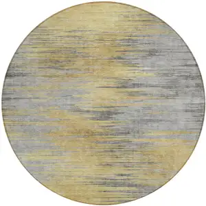 Photo of 8' Gold Gray And Charcoal Round Abstract Washable Indoor Outdoor Area Rug