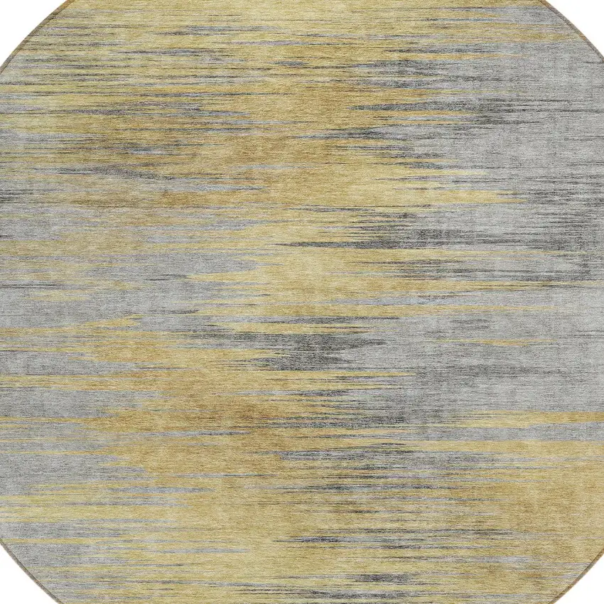 8' Gold Gray And Charcoal Round Abstract Washable Indoor Outdoor Area Rug Photo 4