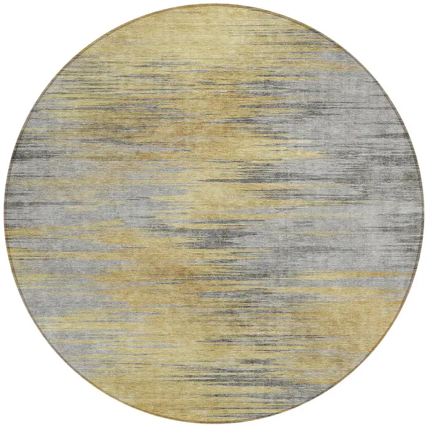 8' Gold Gray And Charcoal Round Abstract Washable Indoor Outdoor Area Rug Photo 5