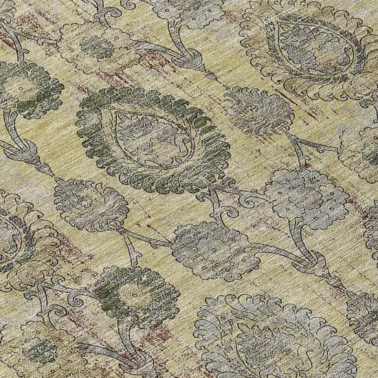 8' Gold Gray And Charcoal Round Damask Washable Indoor Outdoor Area Rug Photo 8