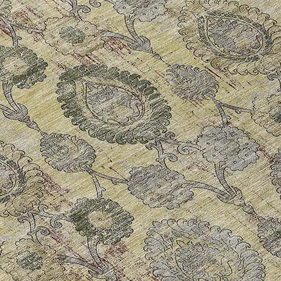 8' Gold Gray And Charcoal Round Damask Washable Indoor Outdoor Area Rug Photo 8