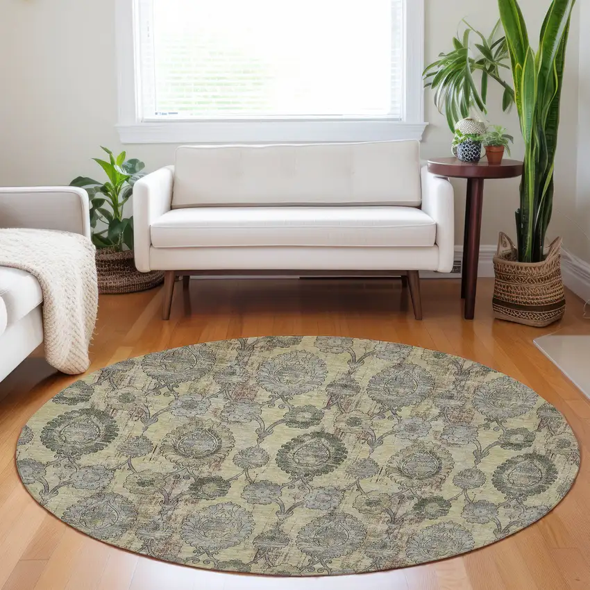 8' Gold Gray And Charcoal Round Damask Washable Indoor Outdoor Area Rug Photo 7
