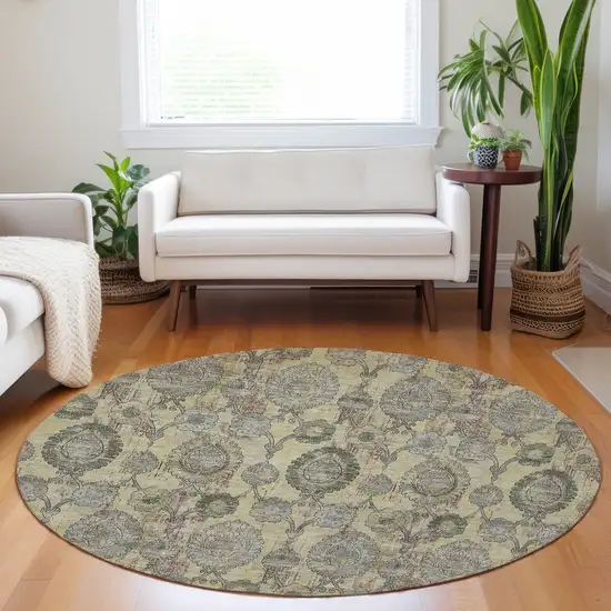 8' Gold Gray And Charcoal Round Damask Washable Indoor Outdoor Area Rug Photo 7