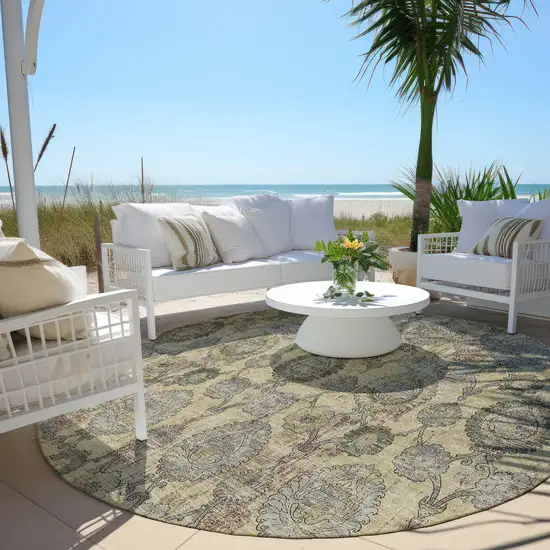 8' Gold Gray And Charcoal Round Damask Washable Indoor Outdoor Area Rug Photo 6