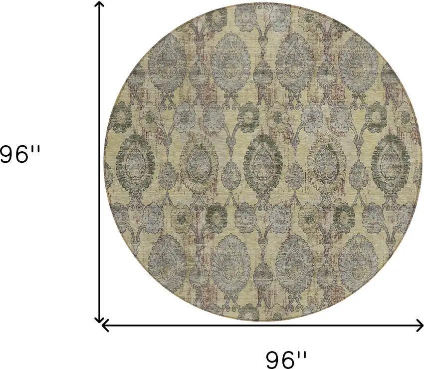 8' Gold Gray And Charcoal Round Damask Washable Indoor Outdoor Area Rug Photo 3