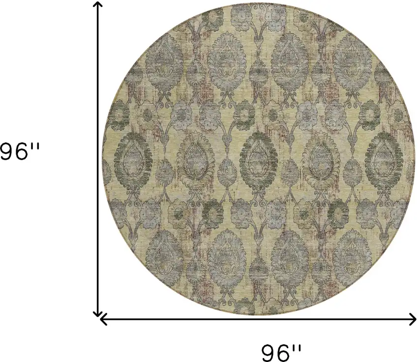 8' Gold Gray And Charcoal Round Damask Washable Indoor Outdoor Area Rug Photo 3