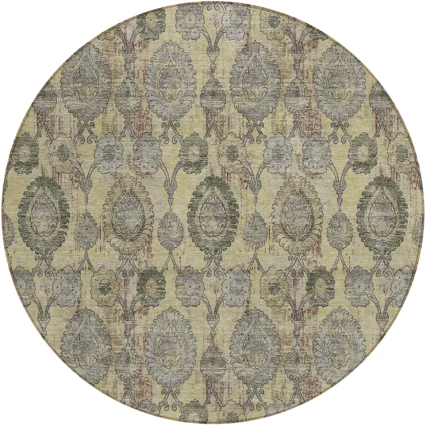 8' Gold Gray And Charcoal Round Damask Washable Indoor Outdoor Area Rug Photo 2