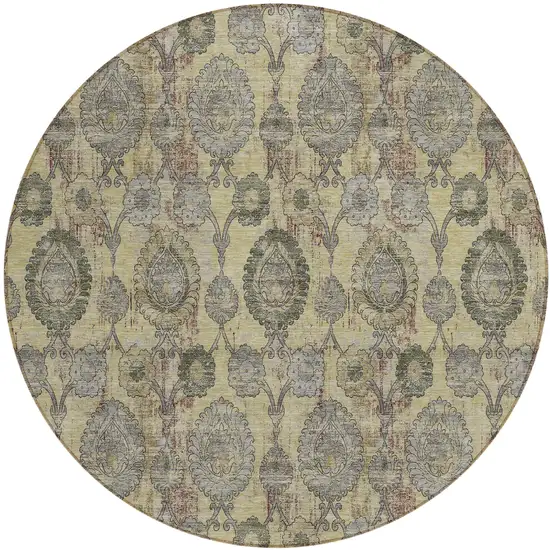 8' Gold Gray And Charcoal Round Damask Washable Indoor Outdoor Area Rug Photo 2