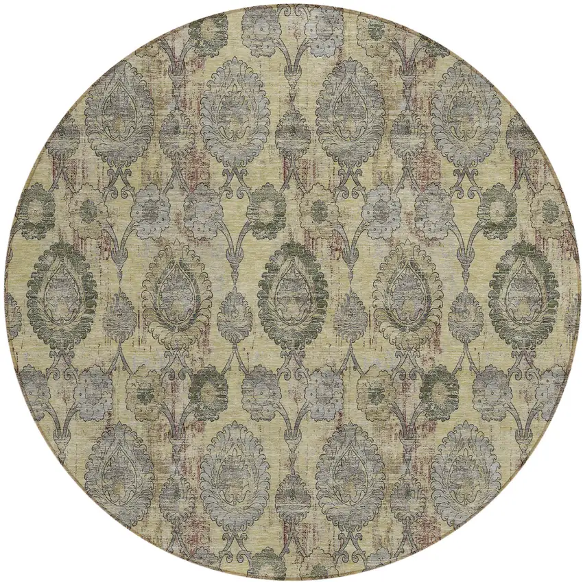 8' Gold Gray And Charcoal Round Damask Washable Indoor Outdoor Area Rug Photo 2