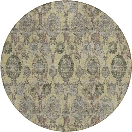 8' Gold Gray And Charcoal Round Damask Washable Indoor Outdoor Area Rug Photo 2