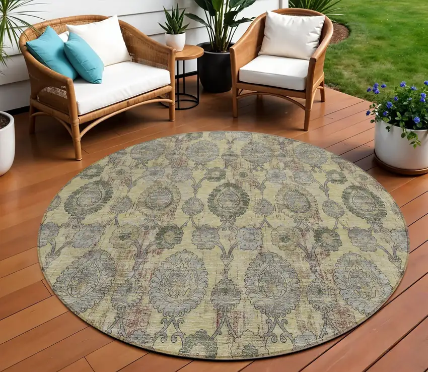 8' Gold Gray And Charcoal Round Damask Washable Indoor Outdoor Area Rug Photo 1