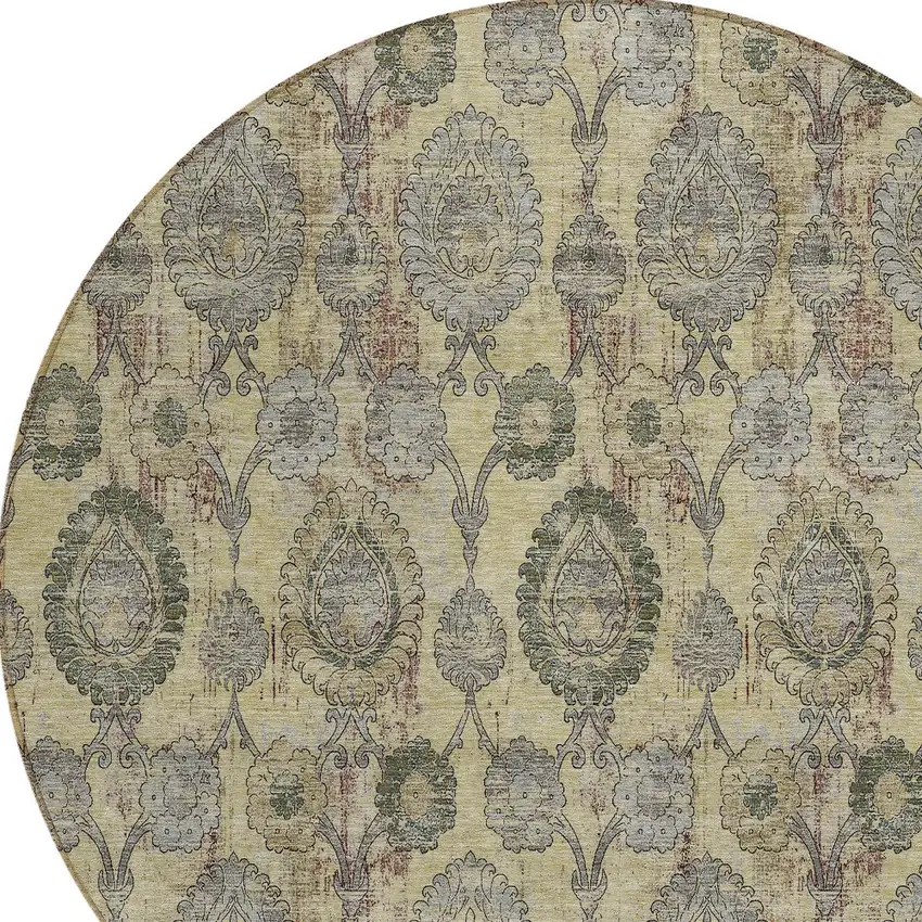 8' Gold Gray And Charcoal Round Damask Washable Indoor Outdoor Area Rug Photo 4