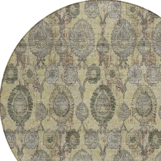 8' Gold Gray And Charcoal Round Damask Washable Indoor Outdoor Area Rug Photo 4