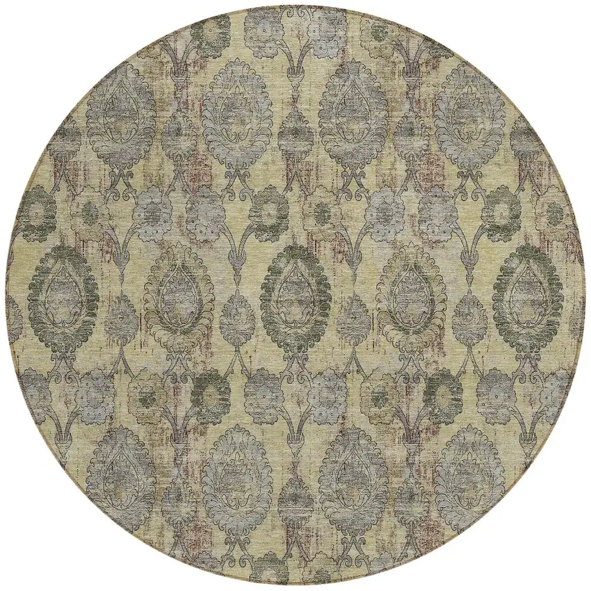 8' Gold Gray And Charcoal Round Damask Washable Indoor Outdoor Area Rug Photo 5