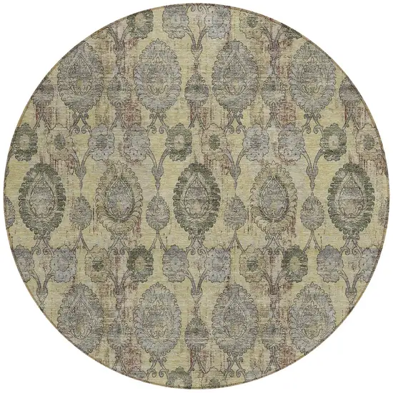 8' Gold Gray And Charcoal Round Damask Washable Indoor Outdoor Area Rug Photo 5