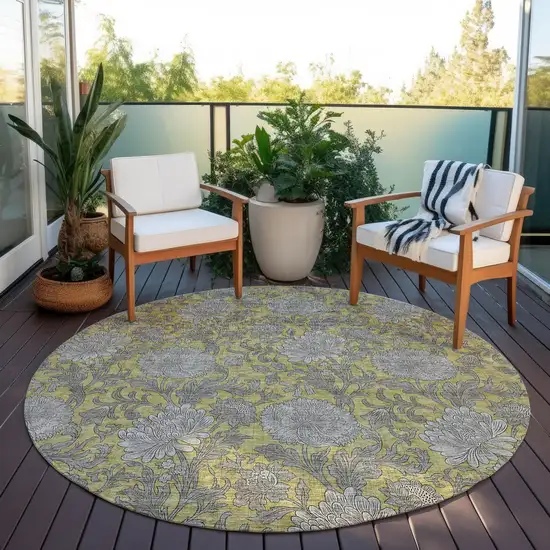 8' Gold Gray And Charcoal Round Floral Washable Indoor Outdoor Area Rug Photo 9