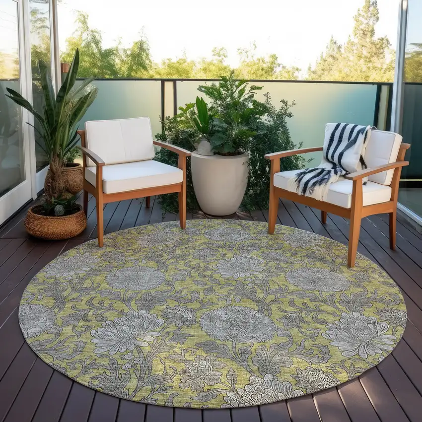 8' Gold Gray And Charcoal Round Floral Washable Indoor Outdoor Area Rug Photo 9