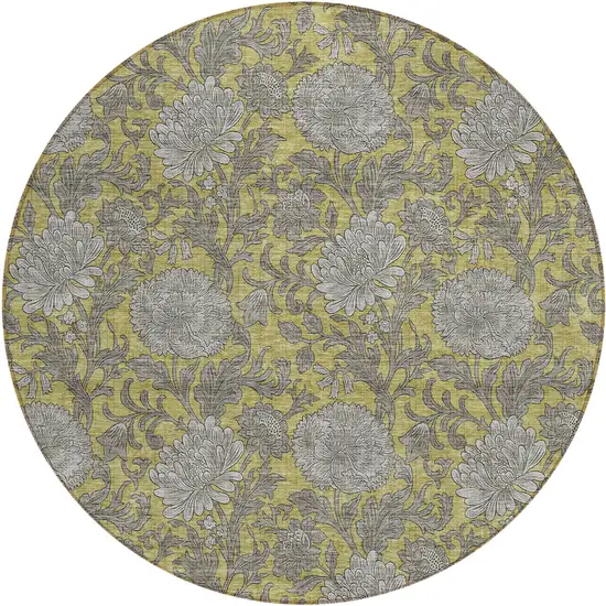 8' Gold Gray And Charcoal Round Floral Washable Indoor Outdoor Area Rug Photo 2