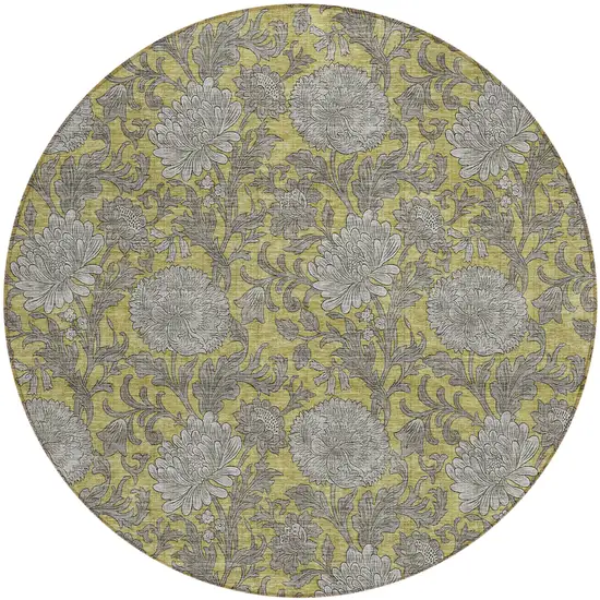 8' Gold Gray And Charcoal Round Floral Washable Indoor Outdoor Area Rug Photo 2