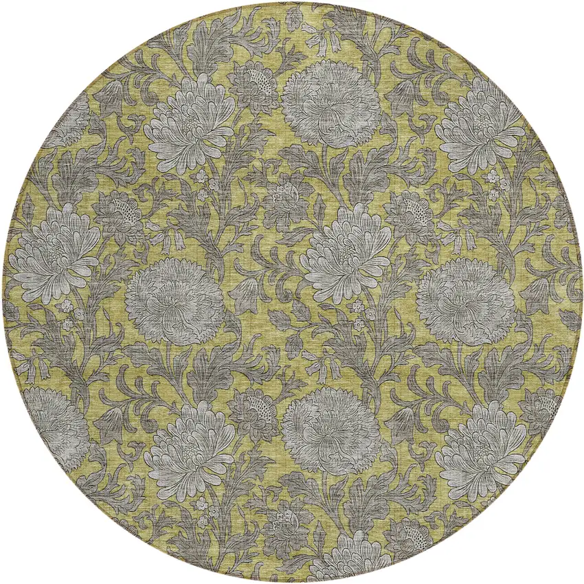 8' Gold Gray And Charcoal Round Floral Washable Indoor Outdoor Area Rug Photo 2
