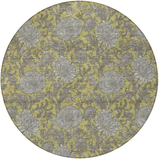 8' Gold Gray And Charcoal Round Floral Washable Indoor Outdoor Area Rug Photo 8
