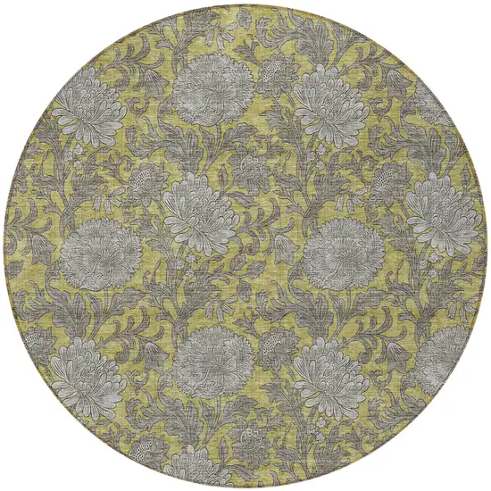 8' Gold Gray And Charcoal Round Floral Washable Indoor Outdoor Area Rug Photo 8